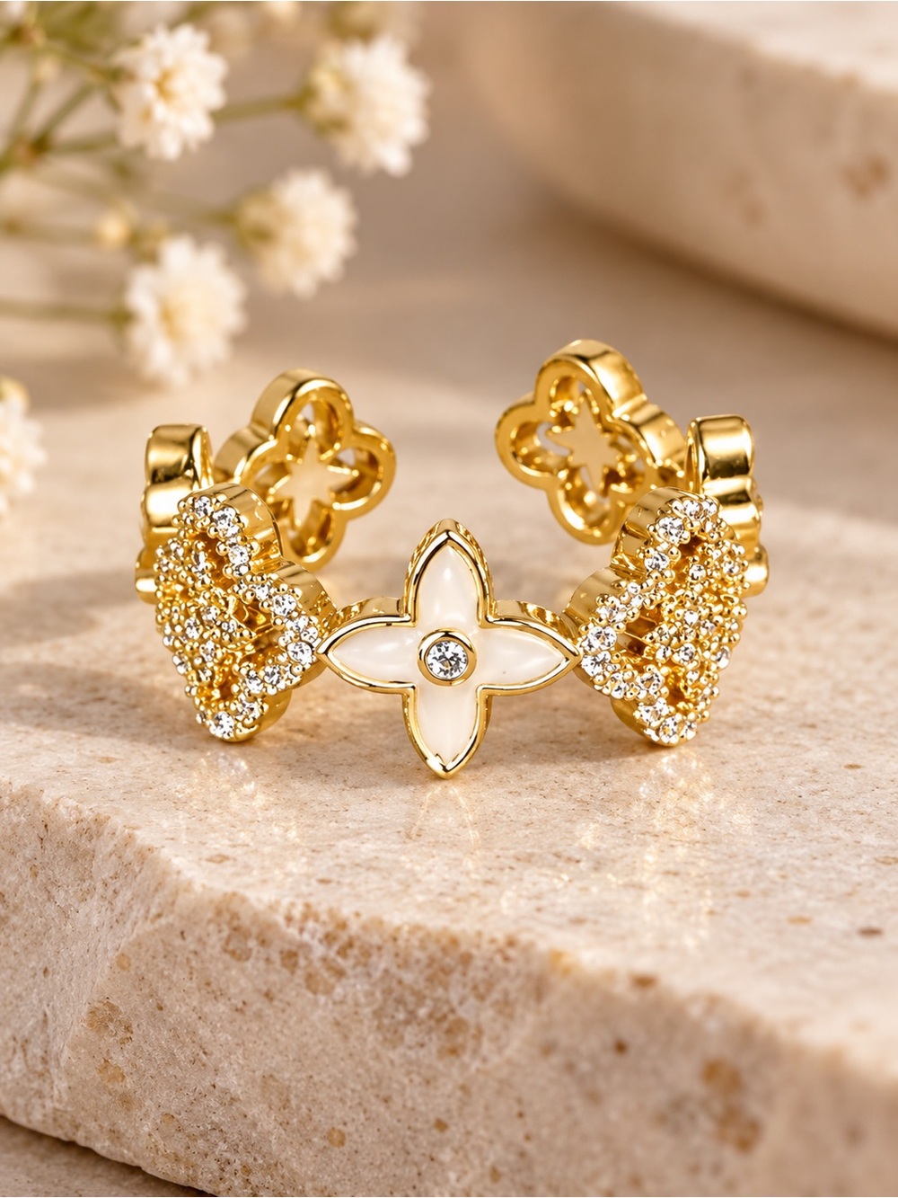 Gold Tone White Enamel Quatrefoil Clover Open Adjustable Pavé Crystal Ring